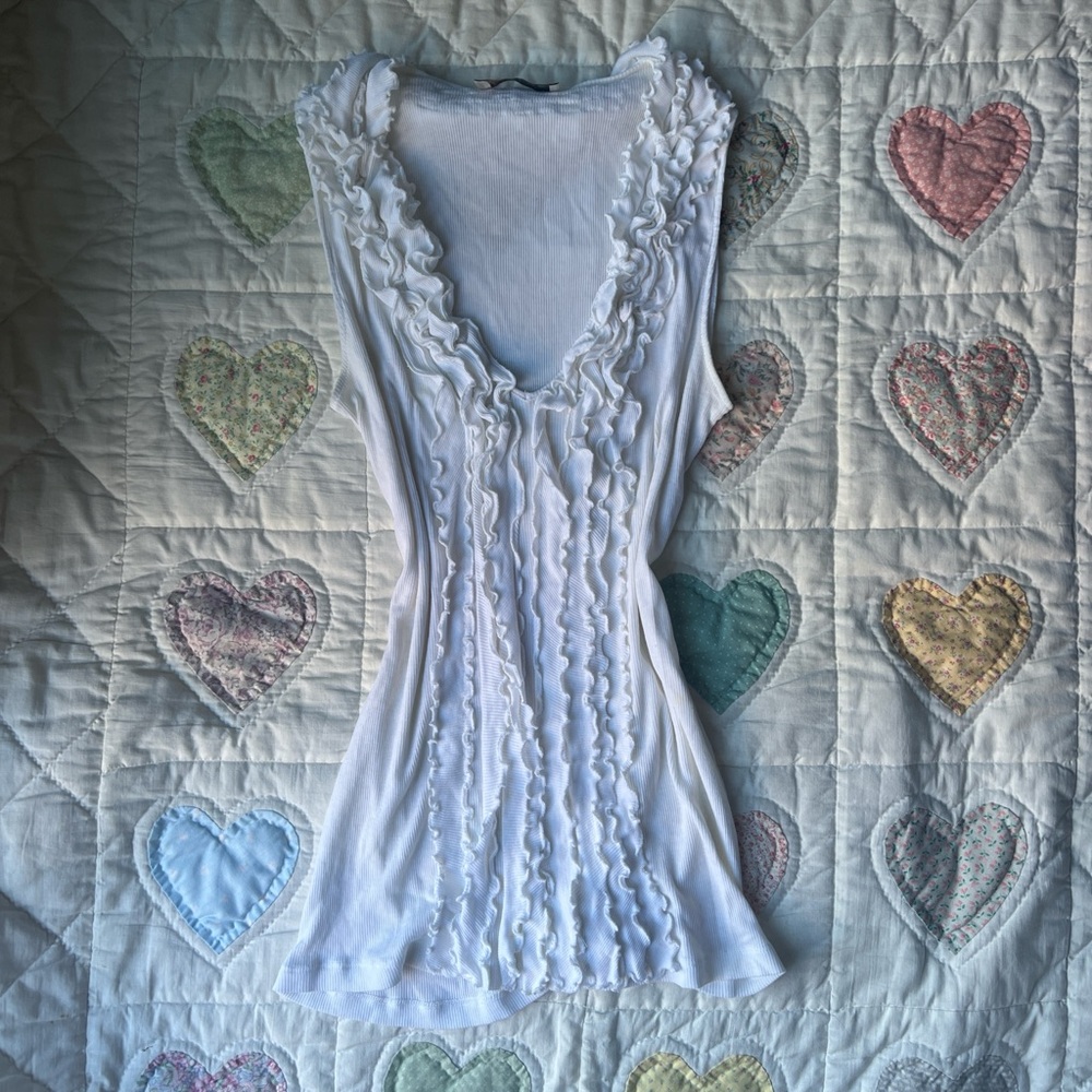 Alysi White Y2K 2000s Women’s Ruffle Tank Top size 10 flirty preppy girly work